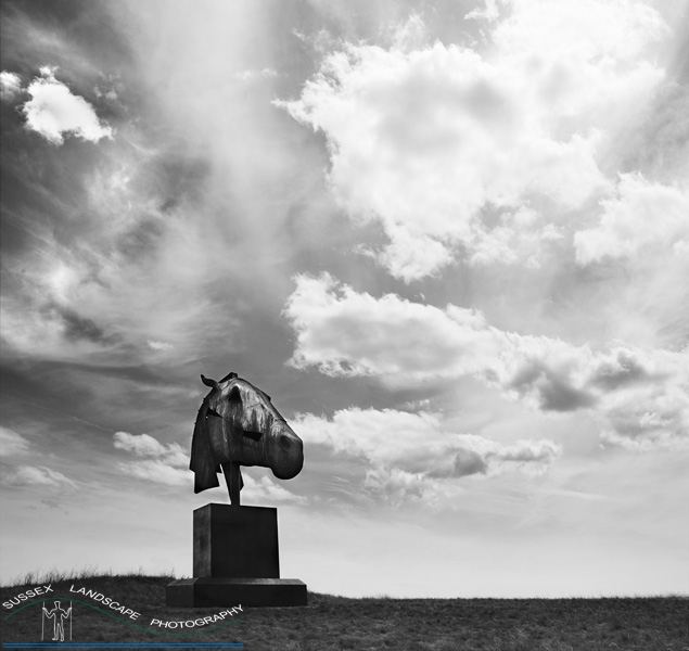 slides/Goodwood Bronze Horse.jpg goodwood bronze horse trundle hill clouds black and white statue simon parsons sussex west east Goodwood Bronze Horse